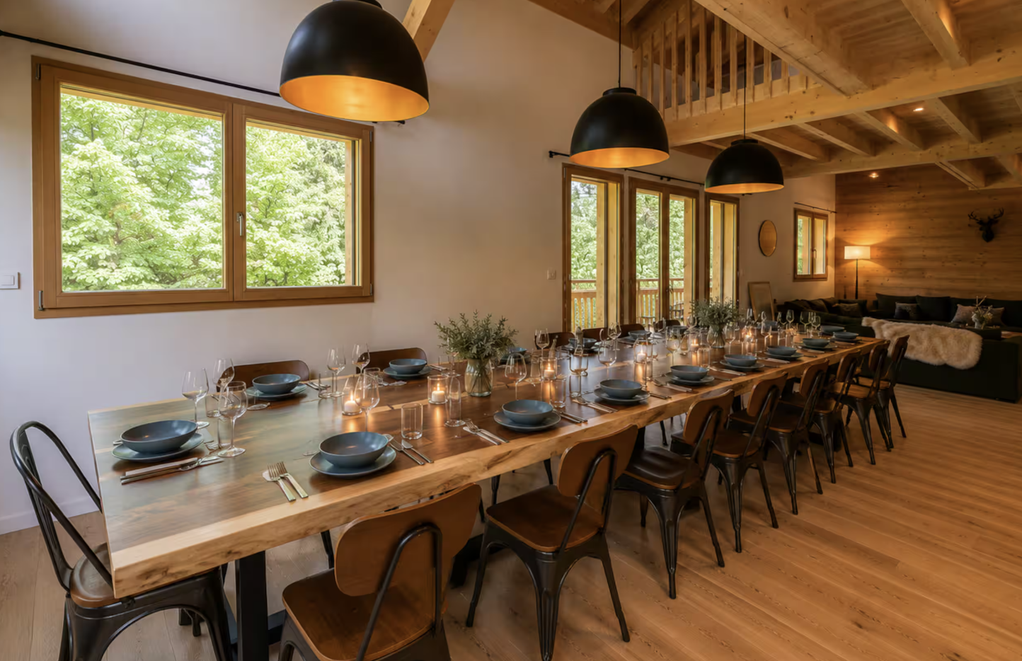 Long wooden dining table set for the group