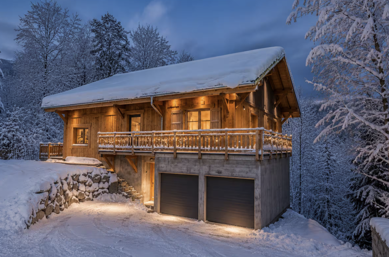 The chalet exterior lit up at dusk in the snow