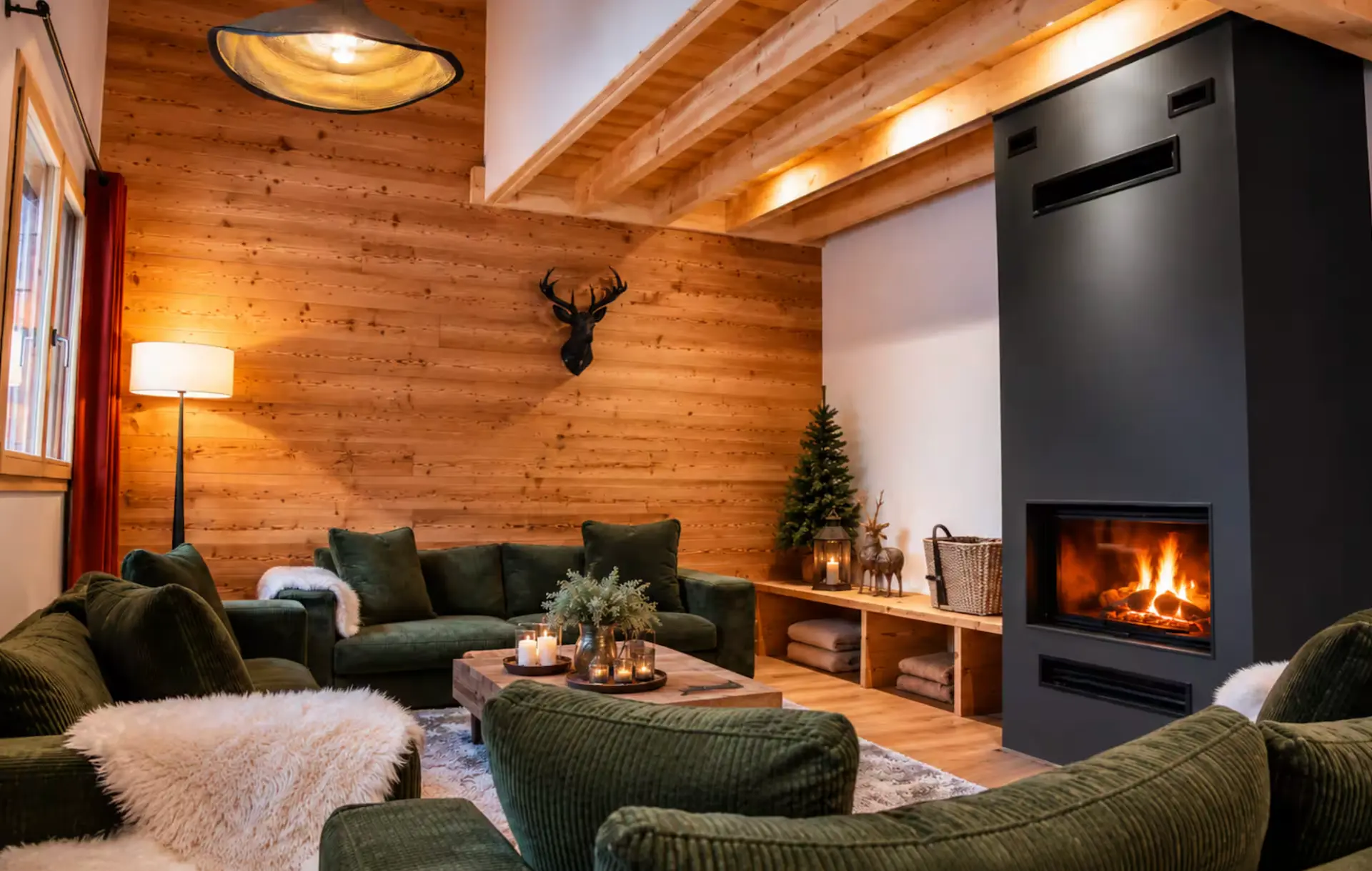 Chalet lounge with fireplace and green velvet sofas