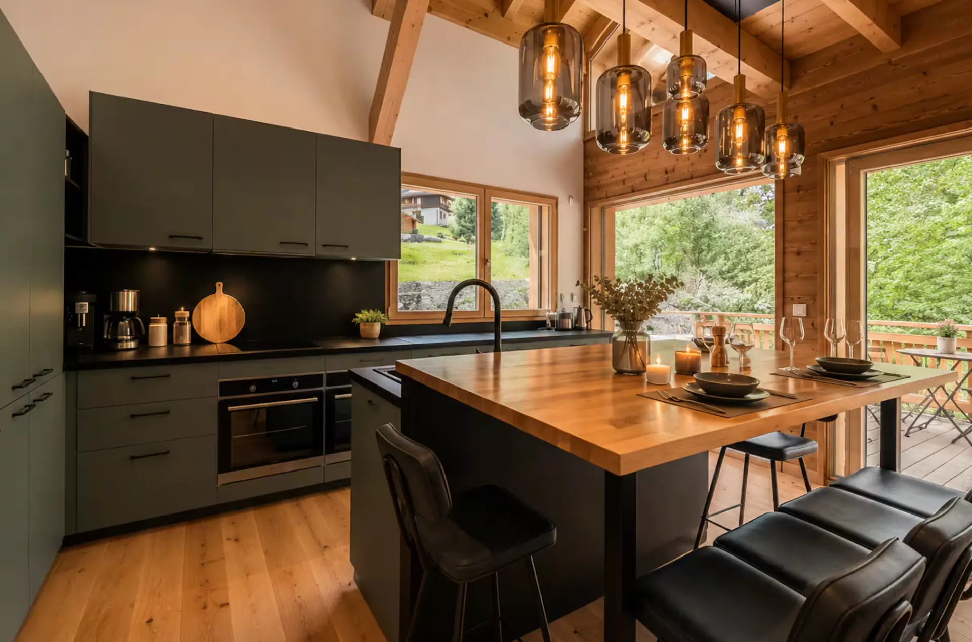 Chalet kitchen with island and pendant lights