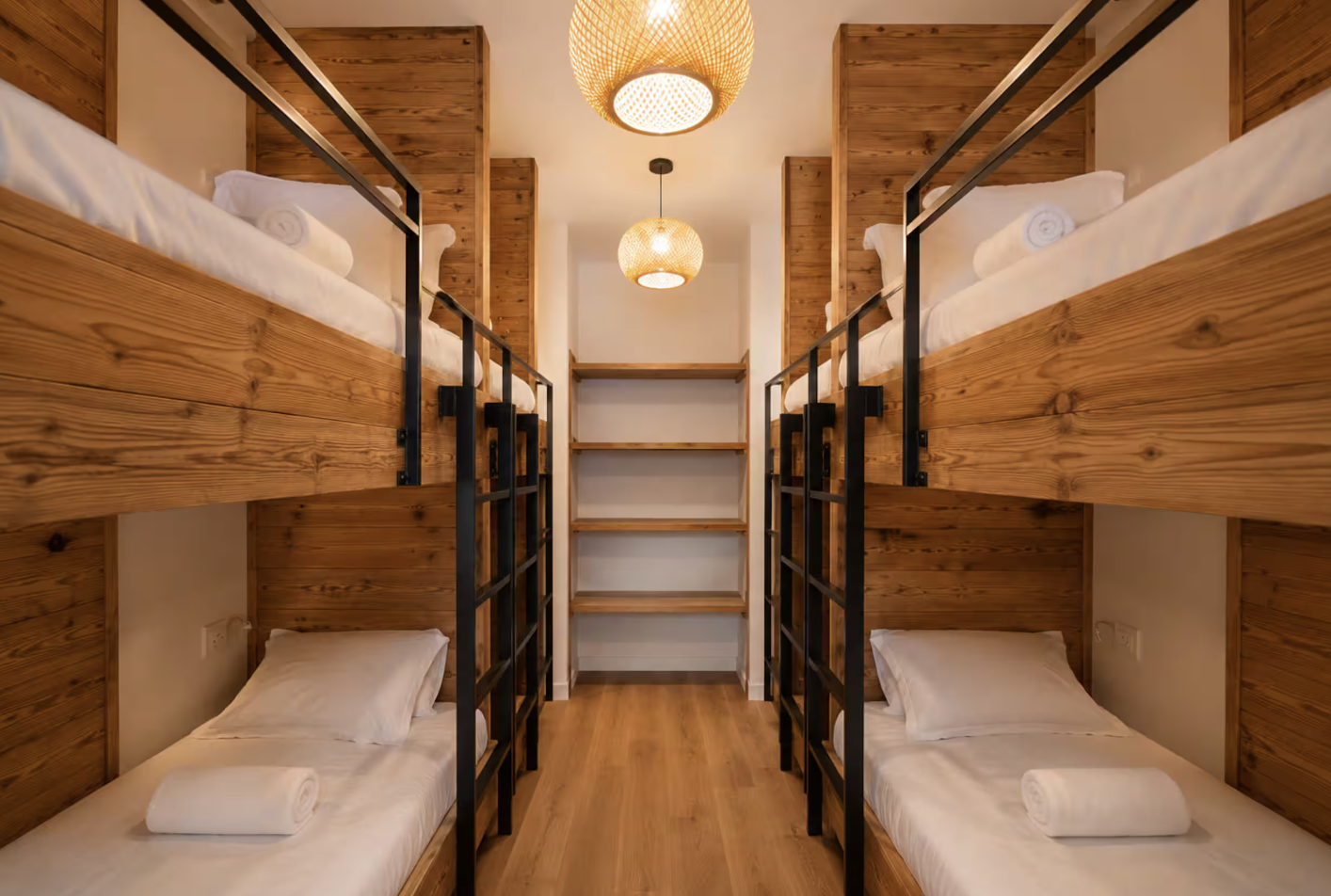 Dorm room with wooden bunk beds