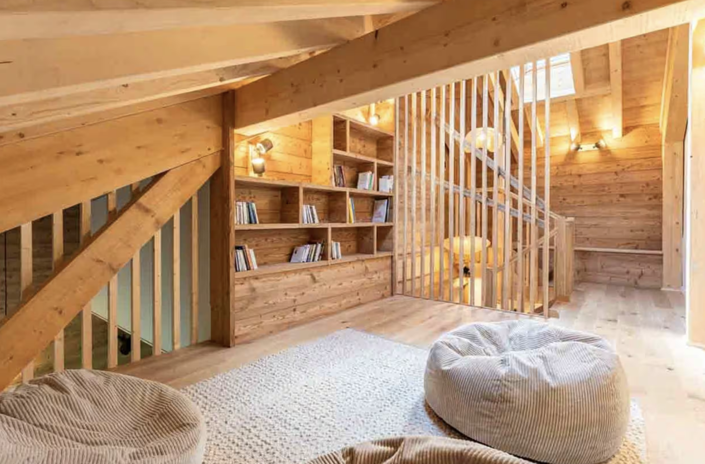 Mezzanine lounge with bean bags and bookshelves